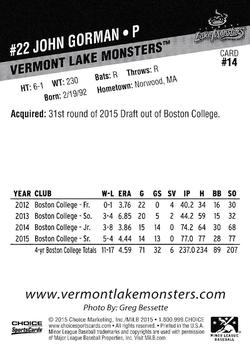 2015 Choice Vermont Lake Monsters #14 John Gorman Back