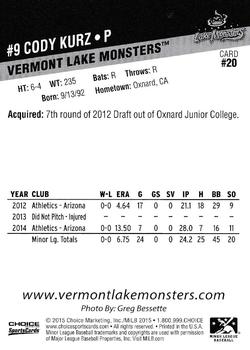 2015 Choice Vermont Lake Monsters #20 Cody Kurz Back