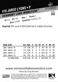 2015 Choice Vermont Lake Monsters #23 Jared Lyons Back