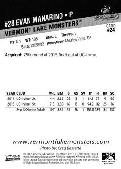 2015 Choice Vermont Lake Monsters #24 Evan Manarino Back