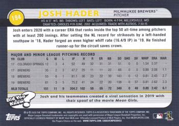 2020 Topps Big League - Orange #194 Josh Hader Back