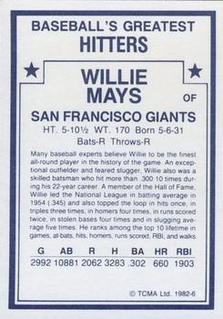 1982 TCMA Baseball's Greatest Hitters (White Back) #6 Willie Mays Back