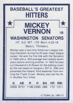 1982 TCMA Baseball's Greatest Hitters (White Back) #12 Mickey Vernon Back