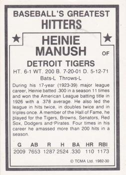 1982 TCMA Baseball's Greatest Hitters (White Back) #30 Heinie Manush Back