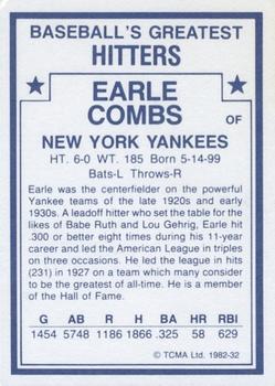 1982 TCMA Baseball's Greatest Hitters (White Back) #32 Earle Combs Back
