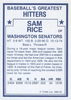 1982 TCMA Baseball's Greatest Hitters (White Back) #33 Sam Rice Back