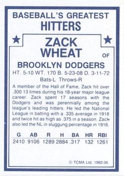 1982 TCMA Baseball's Greatest Hitters (White Back) #36 Zack Wheat Back