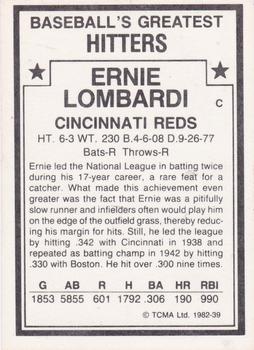 1982 TCMA Baseball's Greatest Hitters (White Back) #39 Ernie Lombardi Back