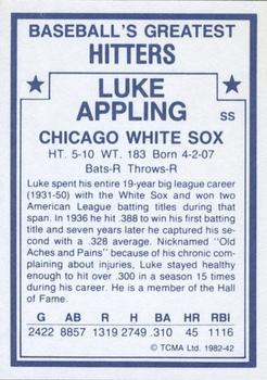 1982 TCMA Baseball's Greatest Hitters (White Back) #42 Luke Appling Back
