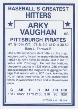 1982 TCMA Baseball's Greatest Hitters (White Back) #44 Arky Vaughan Back