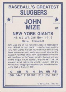 1982 TCMA Baseball's Greatest Sluggers (White Back) #25 Johnny Mize Back