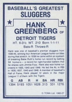 1982 TCMA Baseball's Greatest Sluggers (White Back) #27 Hank Greenberg Back