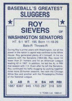 1982 TCMA Baseball's Greatest Sluggers (White Back) #41 Roy Sievers Back