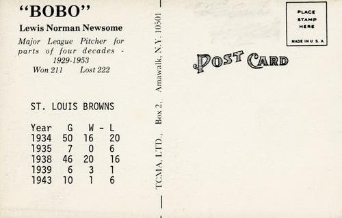1973 TCMA Bobo Newsom Postcards #NNO Bobo Newsom Back