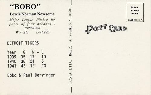 1973 TCMA Bobo Newsom Postcards #NNO Paul Derringer / Bobo Newsom Back