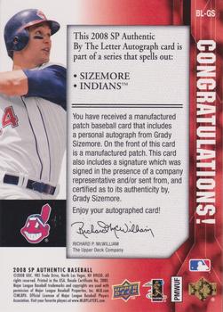 2008 SP Authentic - By The Letter Signatures #BL-GS Grady Sizemore Back