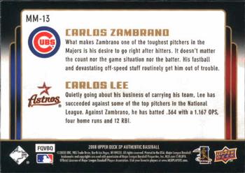 2008 SP Authentic - Marquee Matchups #MM-13 Carlos Zambrano / Carlos Lee Back