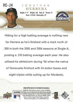 2008 SP Authentic - Rookie Exclusives #RE-JH Jonathan Herrera Back