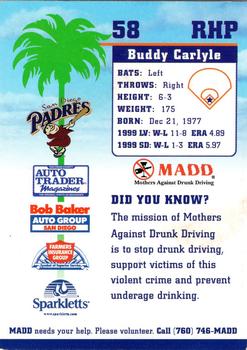 2000 San Diego Padres MADD #NNO Buddy Carlyle Back