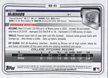 2020 Bowman Draft #BD-43 Chris McMahon Back