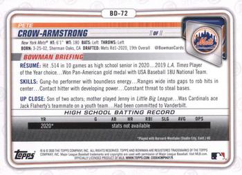 2020 Bowman Draft #BD-72 Pete Crow-Armstrong Back