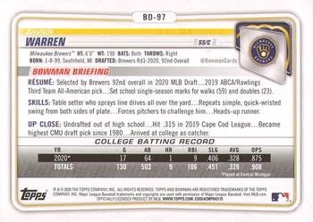 2020 Bowman Draft #BD-97 Zavier Warren Back