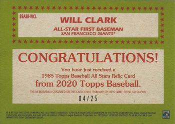 2020 Topps - 1985 Topps Baseball 35th Anniversary All-Stars Relics Red #85ASR-WCL Will Clark Back