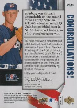 2008 SP Authentic - USA National Team By the Letter Autographs #NTA-SS Stephen Strasburg Back