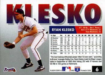 1993 Fleer #6 Ryan Klesko Back