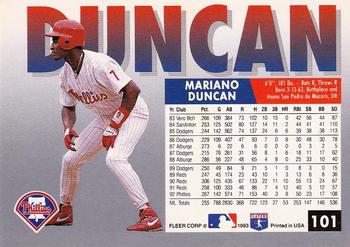 1993 Fleer #101 Mariano Duncan Back