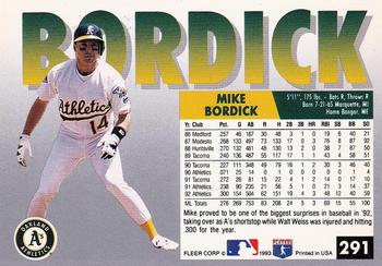 1993 Fleer #291 Mike Bordick Back