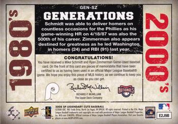 2008 SP Legendary Cuts - Generations Dual Memorabilia #GEN-SZ Mike Schmidt / Ryan Zimmerman Back
