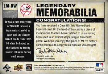 2008 SP Legendary Cuts - Legendary Memorabilia Gray #LM-DW Dave Winfield Back