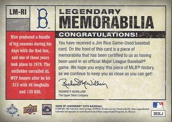 2008 SP Legendary Cuts - Legendary Memorabilia Dark Blue #LM-RI Jim Rice Back