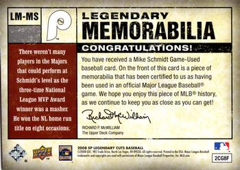 2008 SP Legendary Cuts - Legendary Memorabilia Bronze #LM-MS Mike Schmidt Back