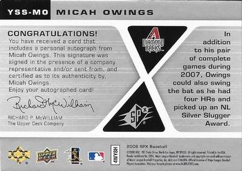 2008 SPx - Young Star Signatures Silver #YSS-MO Micah Owings Back