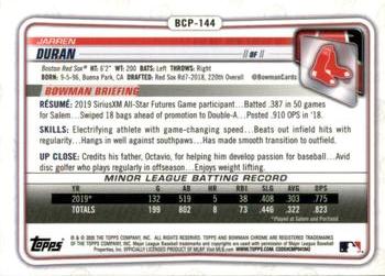 2020 Bowman Sapphire #BCP-144 Jarren Duran Back