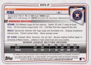 2020 Bowman Sapphire - Autographs Orange Refractor #BSPA-JP Jeremy Pena Back