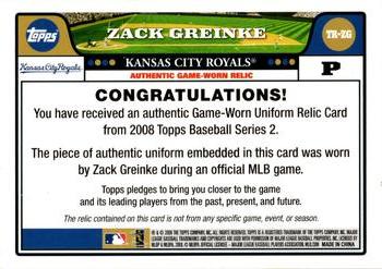 2008 Topps - Relics #TR-ZG Zack Greinke Back