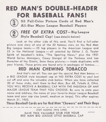 1989 Card Collectors Company 1952 Red Man Tobacco Reprint #AL24 Early Wynn Back