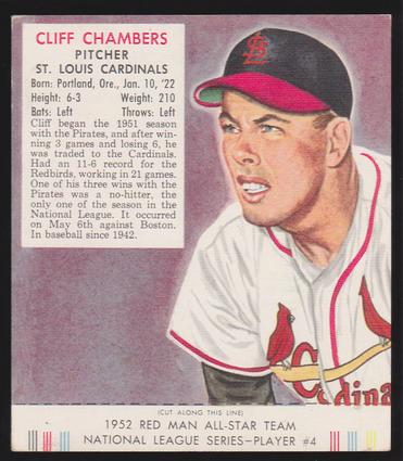 1989 Card Collectors Company 1952 Red Man Tobacco Reprint #NL4 Cliff Chambers Front