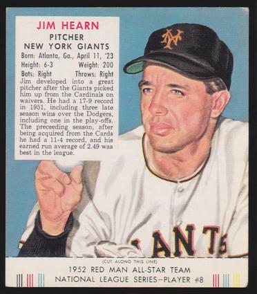 1989 Card Collectors Company 1952 Red Man Tobacco Reprint #NL8 Jim Hearn Front