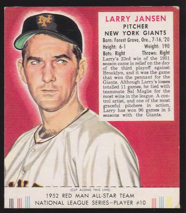 1989 Card Collectors Company 1952 Red Man Tobacco Reprint #NL10 Larry Jansen Front