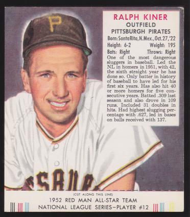 1989 Card Collectors Company 1952 Red Man Tobacco Reprint #NL12 Ralph Kiner Front
