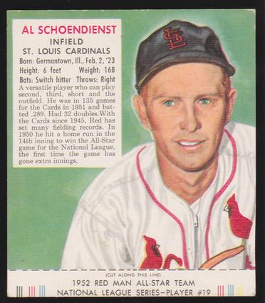 1989 Card Collectors Company 1952 Red Man Tobacco Reprint #NL19 Red Schoendienst Front