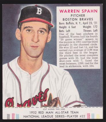 1989 Card Collectors Company 1952 Red Man Tobacco Reprint #NL22 Warren Spahn Front