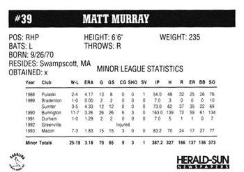 1994 Herald-Sun Durham Bulls #NNO Matt Murray Back