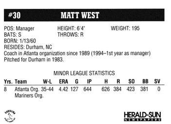 1994 Herald-Sun Durham Bulls #NNO Matt West Back