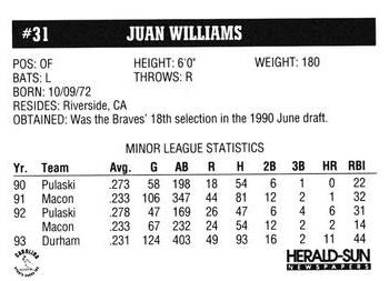 1994 Herald-Sun Durham Bulls #NNO Juan Williams Back