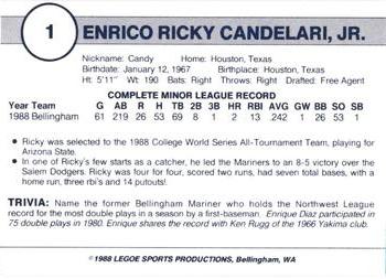 1988 Legoe Bellingham Mariners #1 Ricky Candelari Back